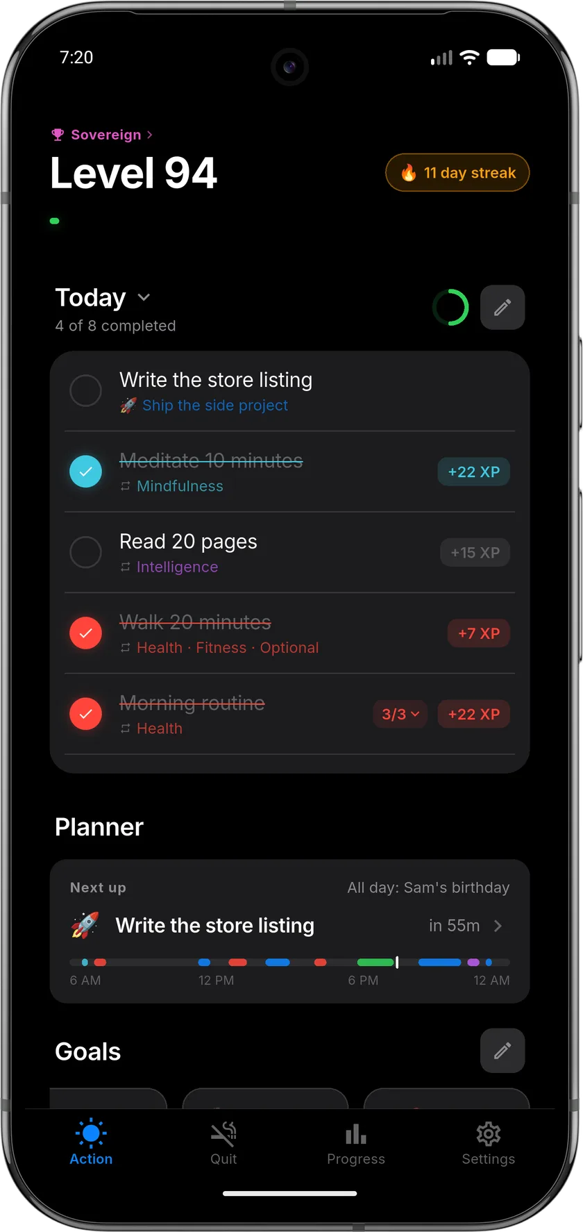 Habitly Action screen showing Level 94 with an 11 day streak, today's tasks paying out XP, and the planner widget below them