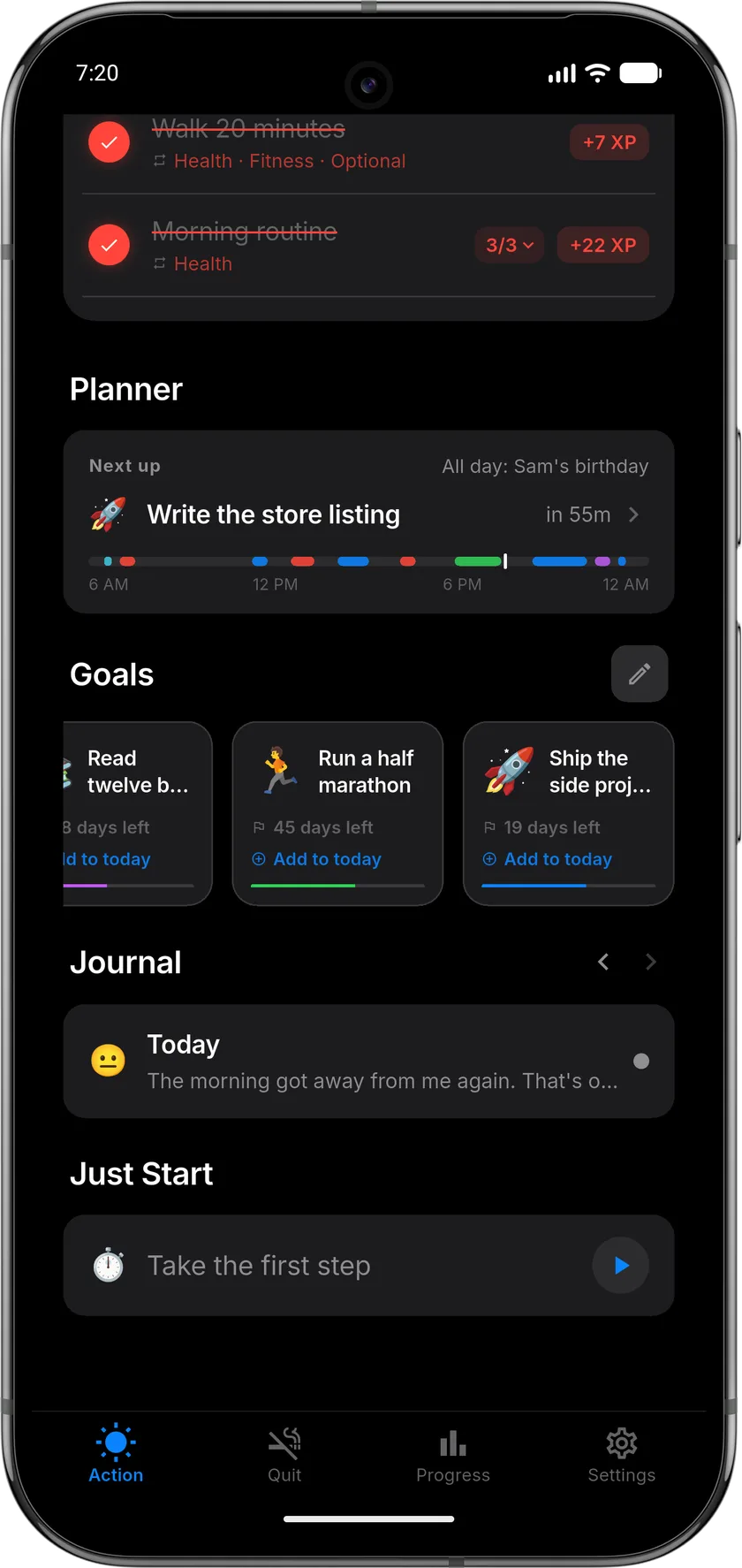 Habitly Action screen scrolled past today's tasks to the planner widget, the goals rail, today's journal entry, and the Just Start card