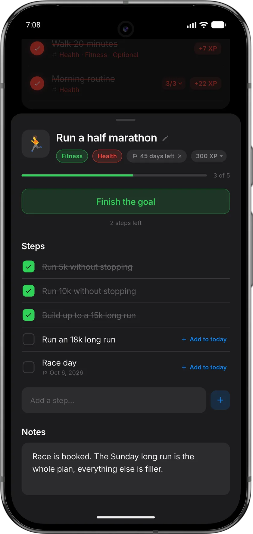 Habitly goal detail for Run a half marathon, three of five steps complete, with an Add to today button on each remaining step