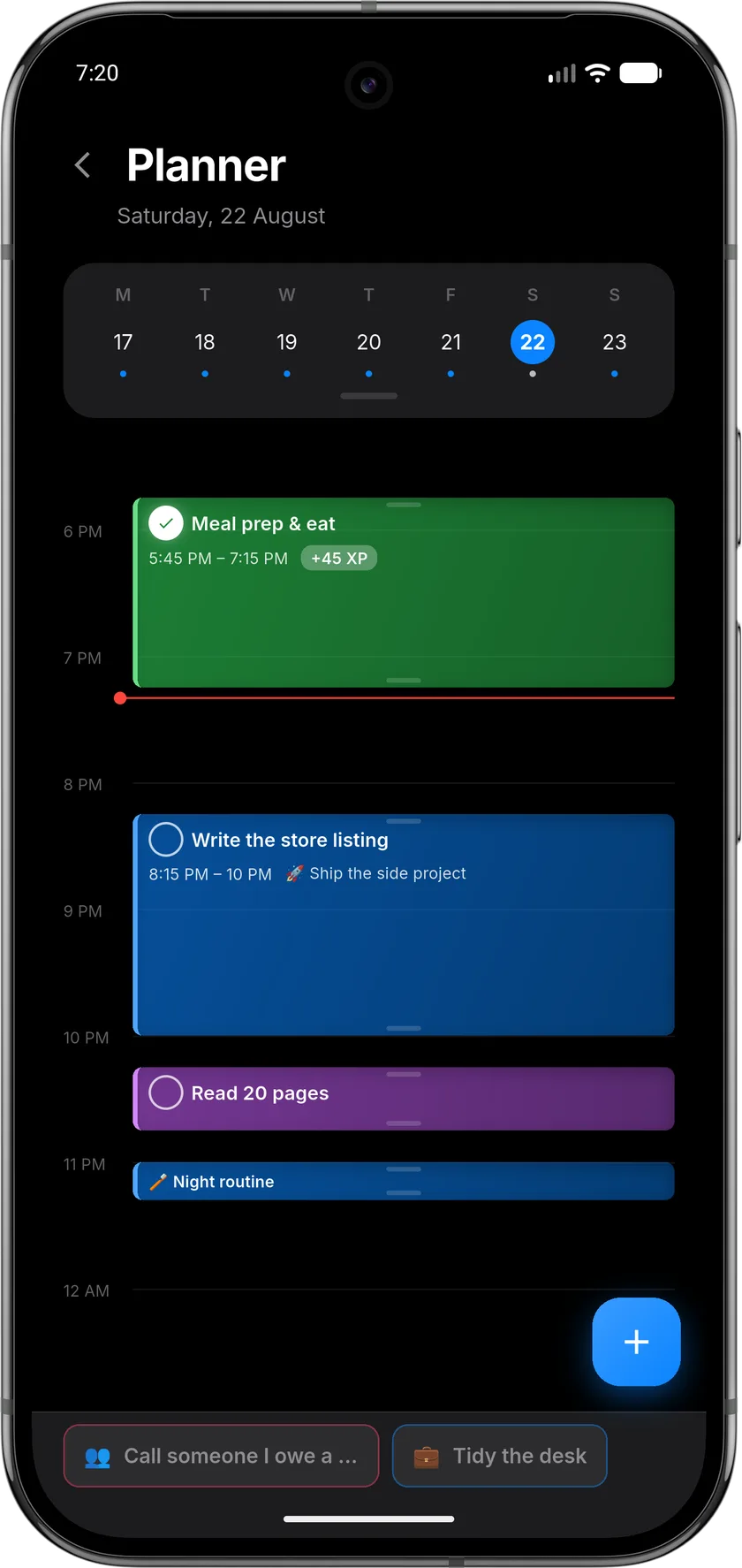 Habitly planner showing Saturday's timeline with meal prep, writing and reading blocked into the evening, and unscheduled tasks waiting in the tray at the bottom