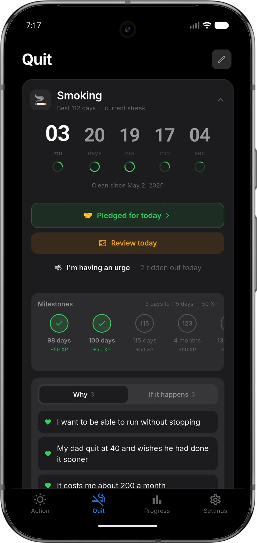 Habitly Quit screen with a live clean-time counter at three months and 20 days, a daily pledge, and XP milestones